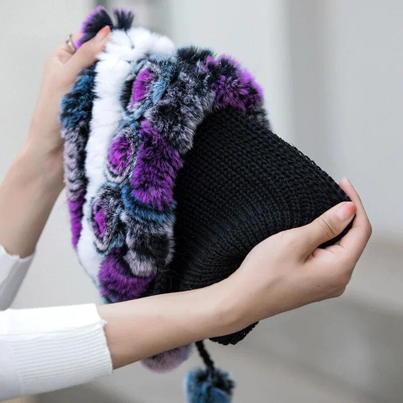 🎁Chapeaux en Vraie Fourrure de Lapin Rex Rayés à Fleurs Chaudes