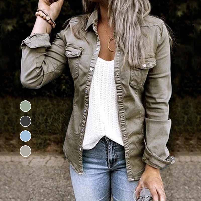 Veste en jean plissée à col à revers de couleur unie