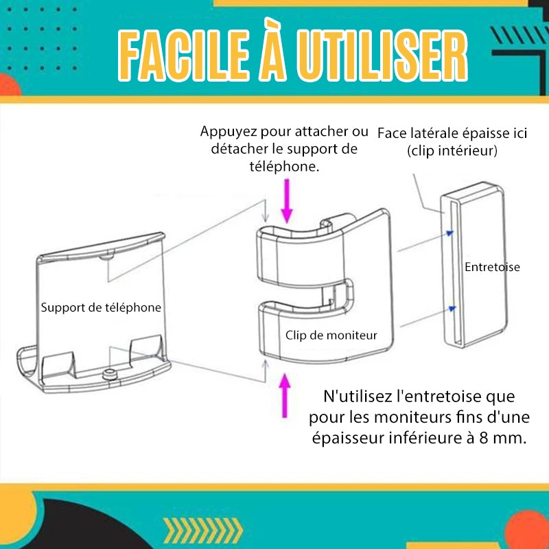 Support de Téléphone avec Clip sur Écran pour Ordinateur Portable